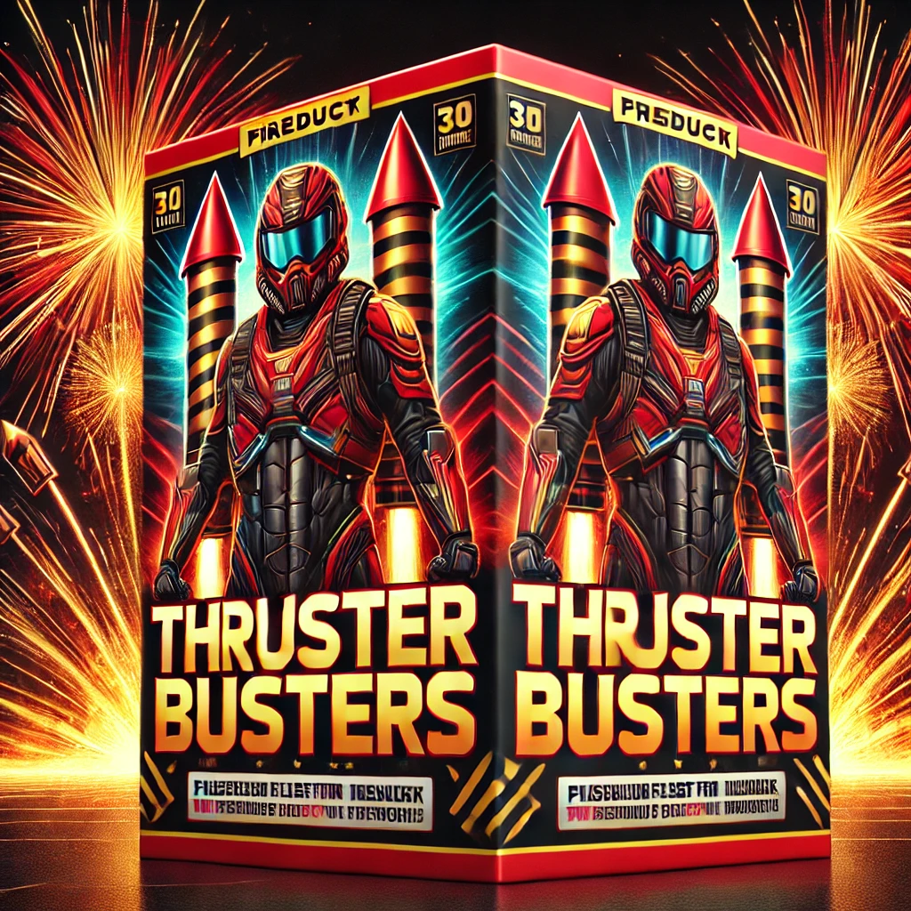 DALL·E 2024-10-12 14.25.27 - A bold and energetic product image of a firework called 'THRUSTER BUSTERS'. The packaging features intense colors like red, orange, and yellow with a